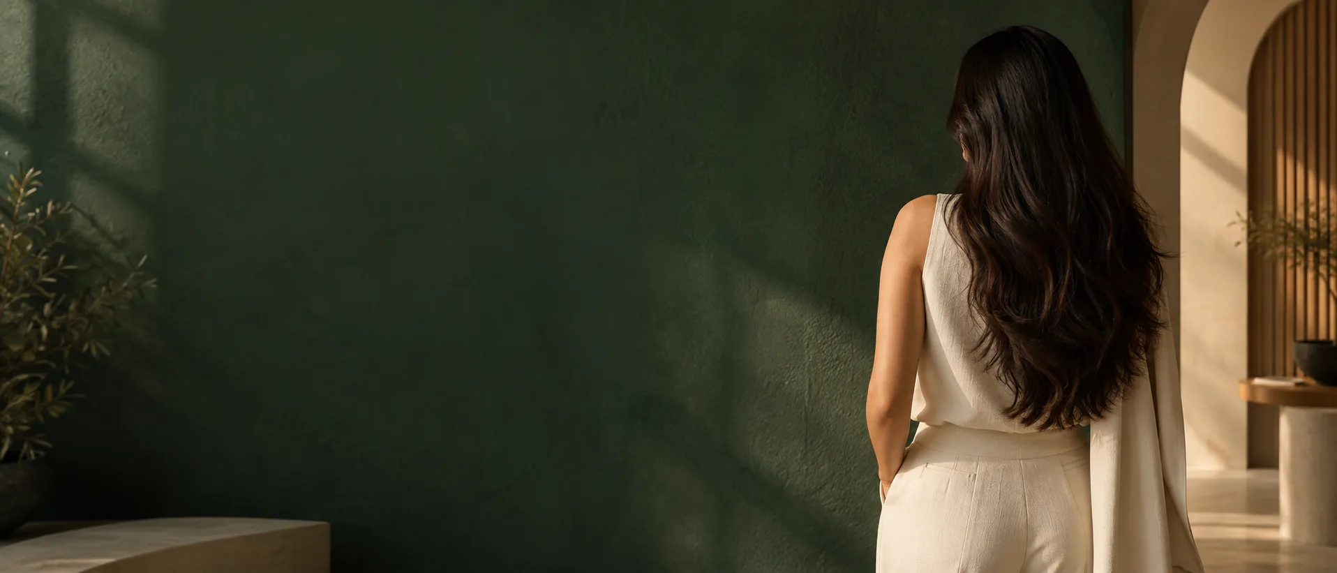 Imagem editorial provisória de uma mulher adulta vista de costas junto a uma parede verde