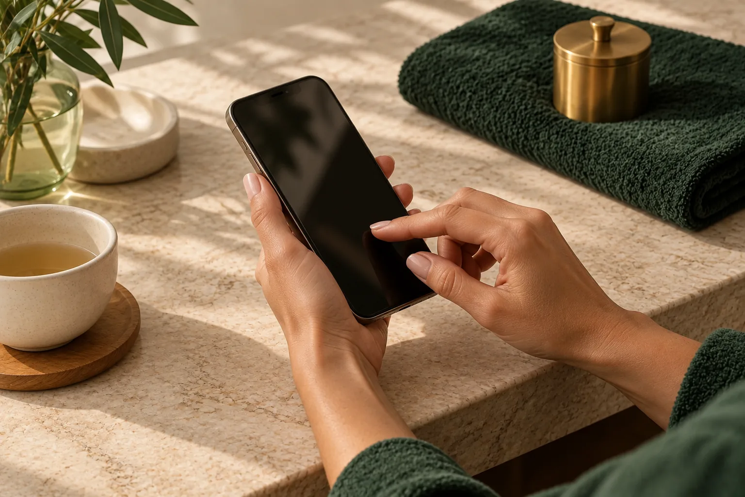 Imagem editorial provisória de mãos adultas com smartphone sem interface legível