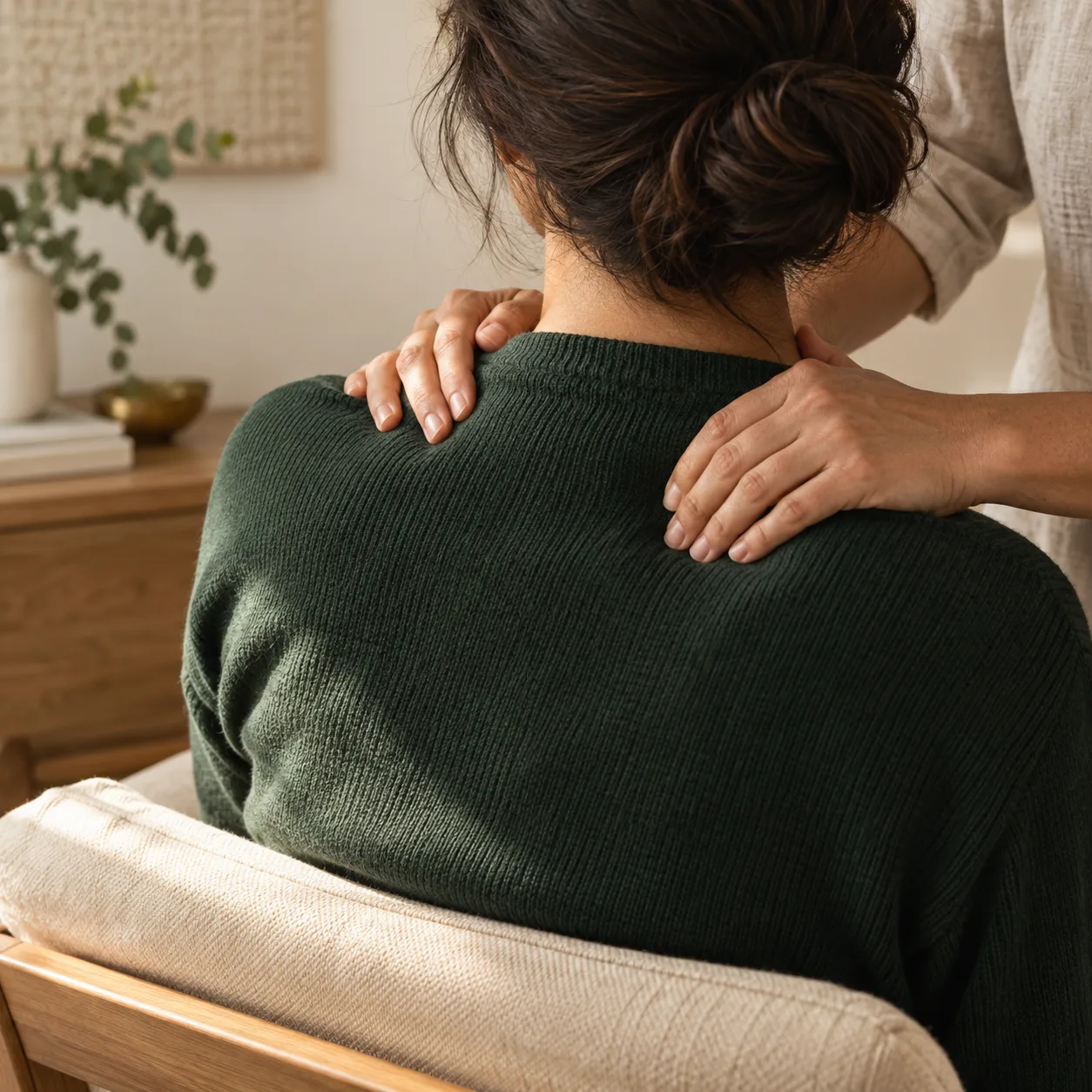 Imagem editorial provisória de massagem nos ombros realizada sobre a roupa