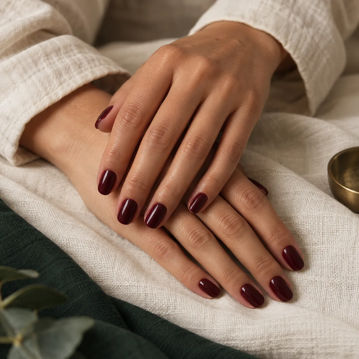 Imagem editorial provisória de mãos com manicure em tom vinho
